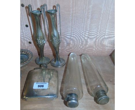 A Silver Hip Flask, Two Silver Bud Vases and Two Silver Topped Bottles.
