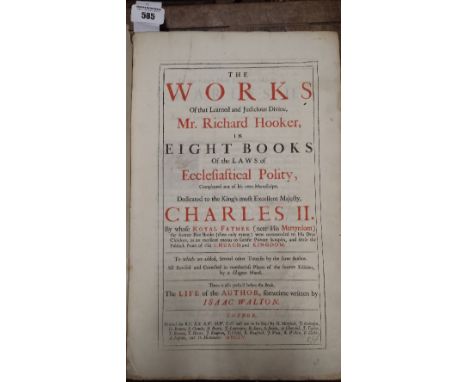 Of the Lawes of Ecclesiastical Politie. Richard Hooker, 1879. London: R. Scott, J Basset, J Weight & R Chiswell. Large folio.