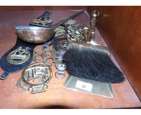 A 19th Century Ladle, a 19th Century Crumb Tray and Brush and a Collection of Horse Brasses.