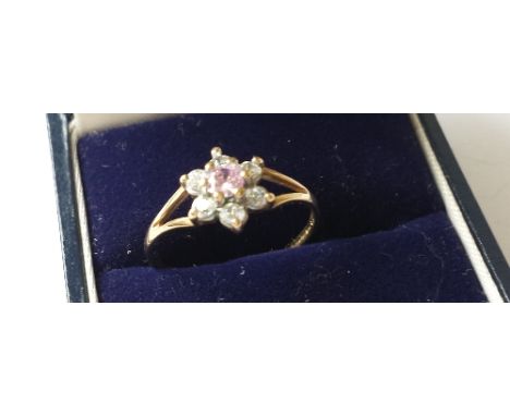 A 9ct Gold Pink Gem & Cubic Zirconia Cluster Ring.