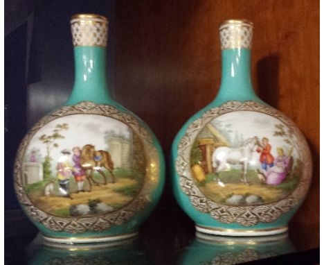 A Pair of Dresden (Helena Wolfsohn) Turquoise Ground Bottle Vases, late 19th Century with underglaze blue AR monograms. With 