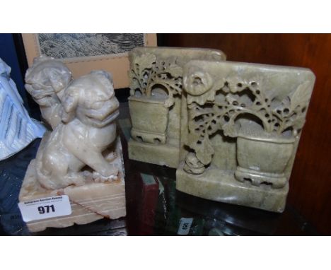 A Pair of 19th Century Carved Chinese Hardstone Panels, Possibly Jade & a further pair of dogs (a/f).