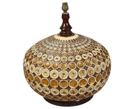A large mid century ceramic lamp base, bronzed glaze on wood base, no makers mark, diameter 45cmsome small chips to high poin