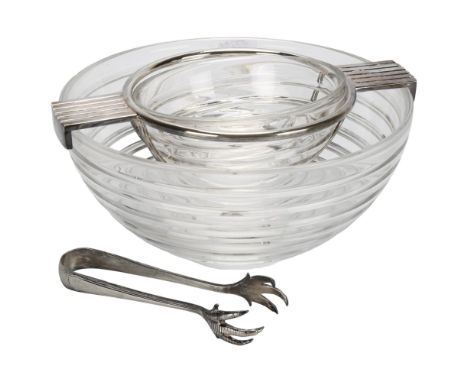 Riedel Glass, a mid-century ribbed glass caviar bowl, with silver plated mounts and tongs, diameter 20cm1 small rim chip to l