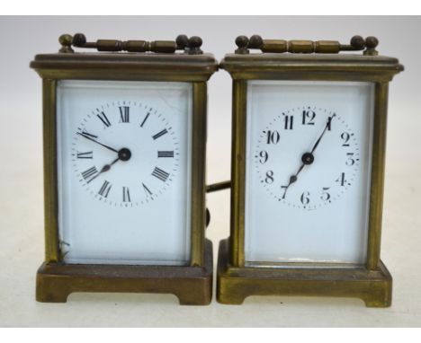 Two French brass carriage clocks of similar appearance, 14.5 cm high overall (including handle)