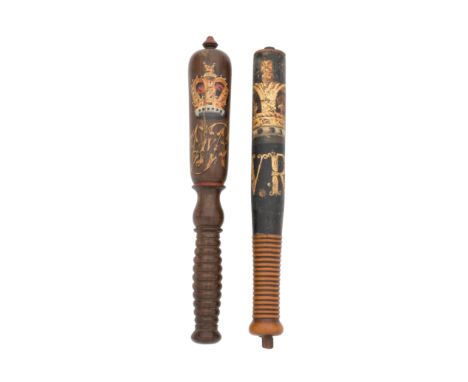 Two William IV TipstavesCirca 1835The first of figured hardwood and of mallet form, the head painted in polychrome and gilt w
