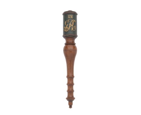 A George III Tipstaff Early 19th CenturyOf hardwood and of mallet form, the barrel-shaped head painted in polychrome and gilt