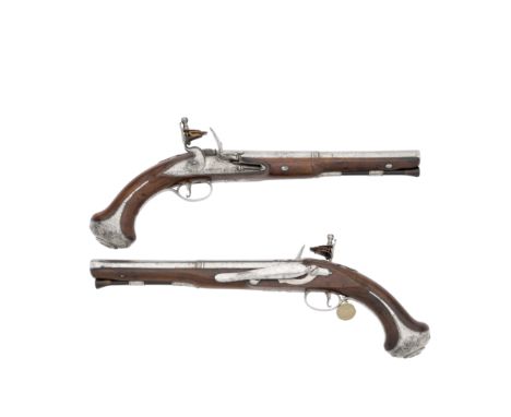 A Pair Of 16-Bore Flintlock Belt Or Officer's Pistols By Joseph Griffin Of London, Circa 1755With slightly swamped Italian tw