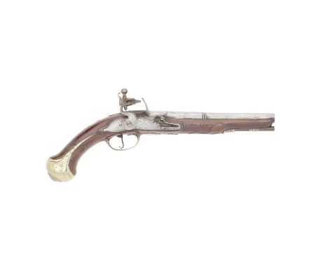 A 25-Bore Flintlock Brass-Mounted Pistol By T. Green Fecit Of London, Circa 1700With shortened two-stage barrel (some old pit