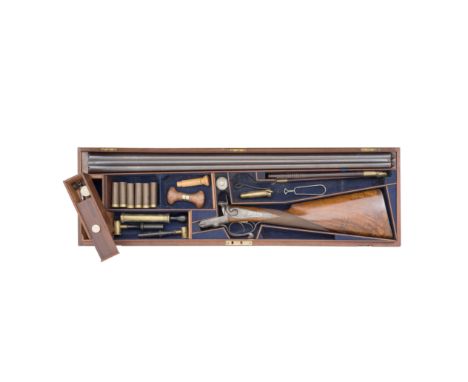 A Cased 13-Bore Pin-Fire D.B. Sporting GunBy Burnard, Pilgrim St., Newcastle-On-Tyne, Circa 1860With rebrowned finely damascu