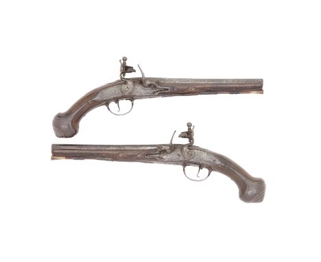 An Unusual Pair Of 25-Bore Flintlock Holster Pistols With Left And Right Hand LocksEarly 18th Century, The Locks And Barrels 