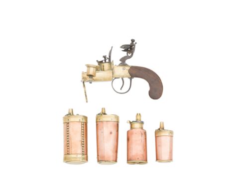 A Flintlock Tinderlighter, And Four Brass-Mounted Three-Way Powder-Flasks For Percussion PistolsAll 19th CenturyThe first of 