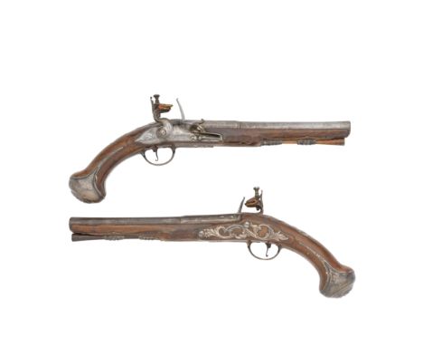 A Pair Of 20-Bore Flintlock Silver-Mounted Holster PistolsBy J. Hawkins, London, London Silver Hallmarks For 1771, Indistinct