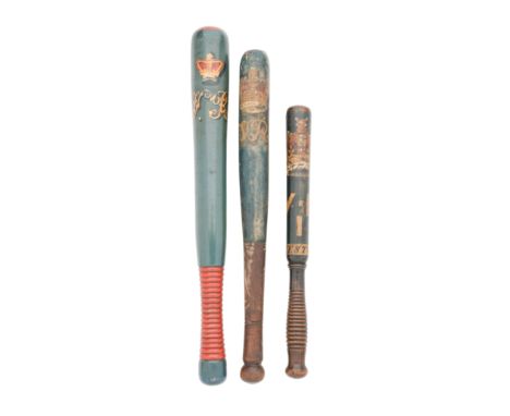 Three Victorian Constabulary Truncheons19th CenturyEach of hardwood, the first painted in polychrome with crowned 'V.R' again