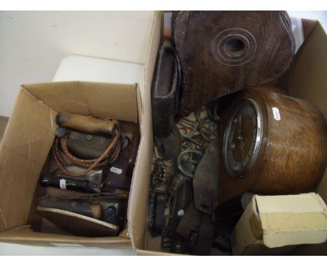 Oak cased mantel clock, small set of bellows, a travelling vanity set, various parts of horse leathers and a selection of vin