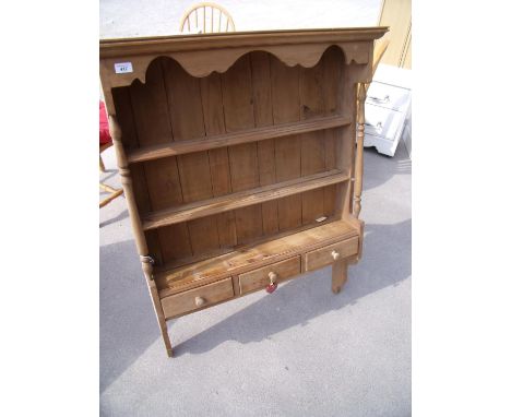 Waxed pine three tier wall shelf with three short drawers (width 86cm) 