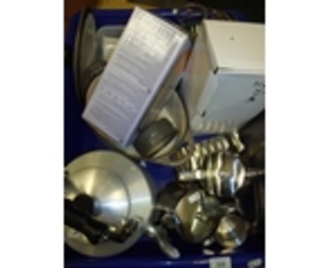 Large selection of kitchenware including a casserole dish, ramekins, stainless steel tea service etc