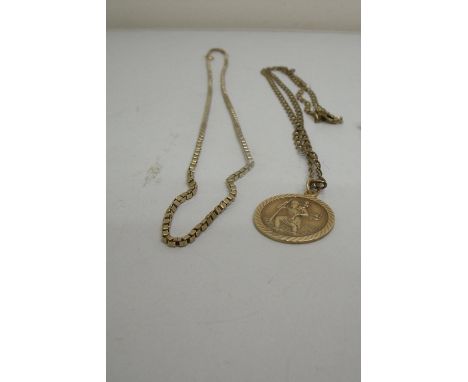 9ct gold St Christopher pendant on unmarked chain and a 9ct gold box lock chain 