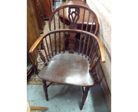 Pair of 19th C elm Windsor stick back armchairs with crinoline under stretchers and turned supports 