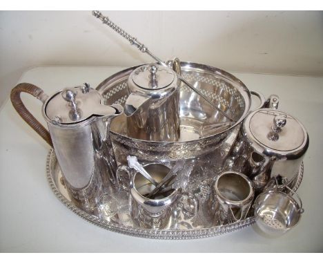 Four piece silver plated tea service, various other plated ware including oval tray, candle extinguisher etc 