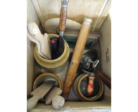 Box containing a quantity of vintage kitchenalia including butter pats, Earthenware jars, bread boards etc 