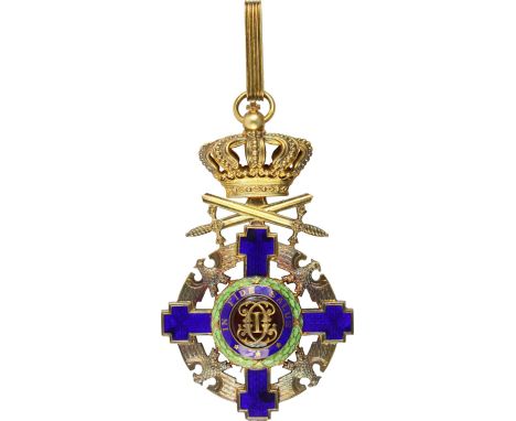 Orden vom Stern Rumäniens, 2. Modell, Kommandeur- bzw. Großoffizierskreuz mit Schwertern am Ring. Kreuz Silber vergoldet und 