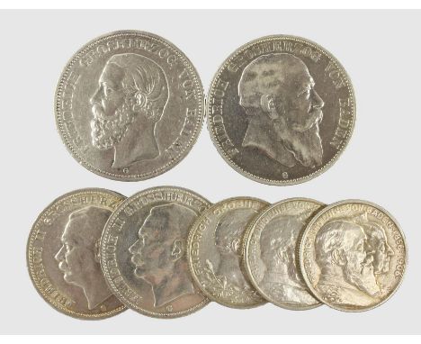 Großherzogtum Baden,  7 Silbermünzen, 2 Mark 1902, 1906 (2), 3 Mark 1911(2), 5 Mark 1898, 1903. - Zustand II