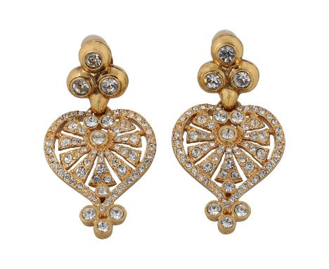 SONIA RYKIEL VINTAGE Modeschmuck-Ohrclips. Goldfarbene Herzen mit Kunststeinbesatz. Tragespuren vorhanden. 7 x 3,5 cm.| SONIA