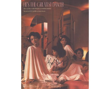 Sister Sledge signed music score. Good condition. All autographs come with a Certificate of Authenticity. We combine postage 