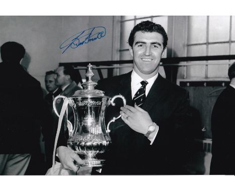 Autographed BOBBY SMITH 12 x 8 photo : B/W, depicting Tottenham centre-forward BOBBY SMITH posing with the FA Cup in the dres