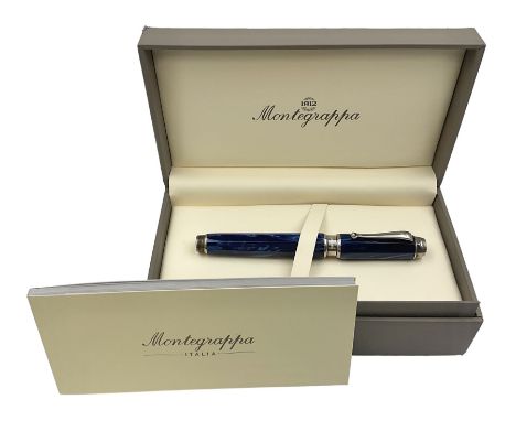 Montegrappa Emblema fountain pen, the blue pearl marbled barrel of octagonal form with silver mounts stamped 925 and silver m