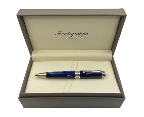 Montegrappa Emblema ball pen, the blue pearl marbled barrel of octagonal form with silver mounts and terminal with 1912 emble