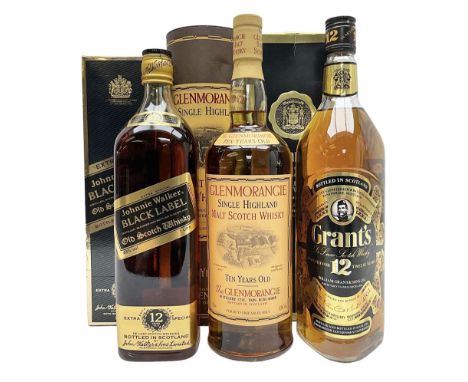 Glenmorangie, ten year old Scotch whisky, 1 litre 43% vol, Grant's twelve year old Scotch whisky 1 litre, 43 G.L and Johnnie 