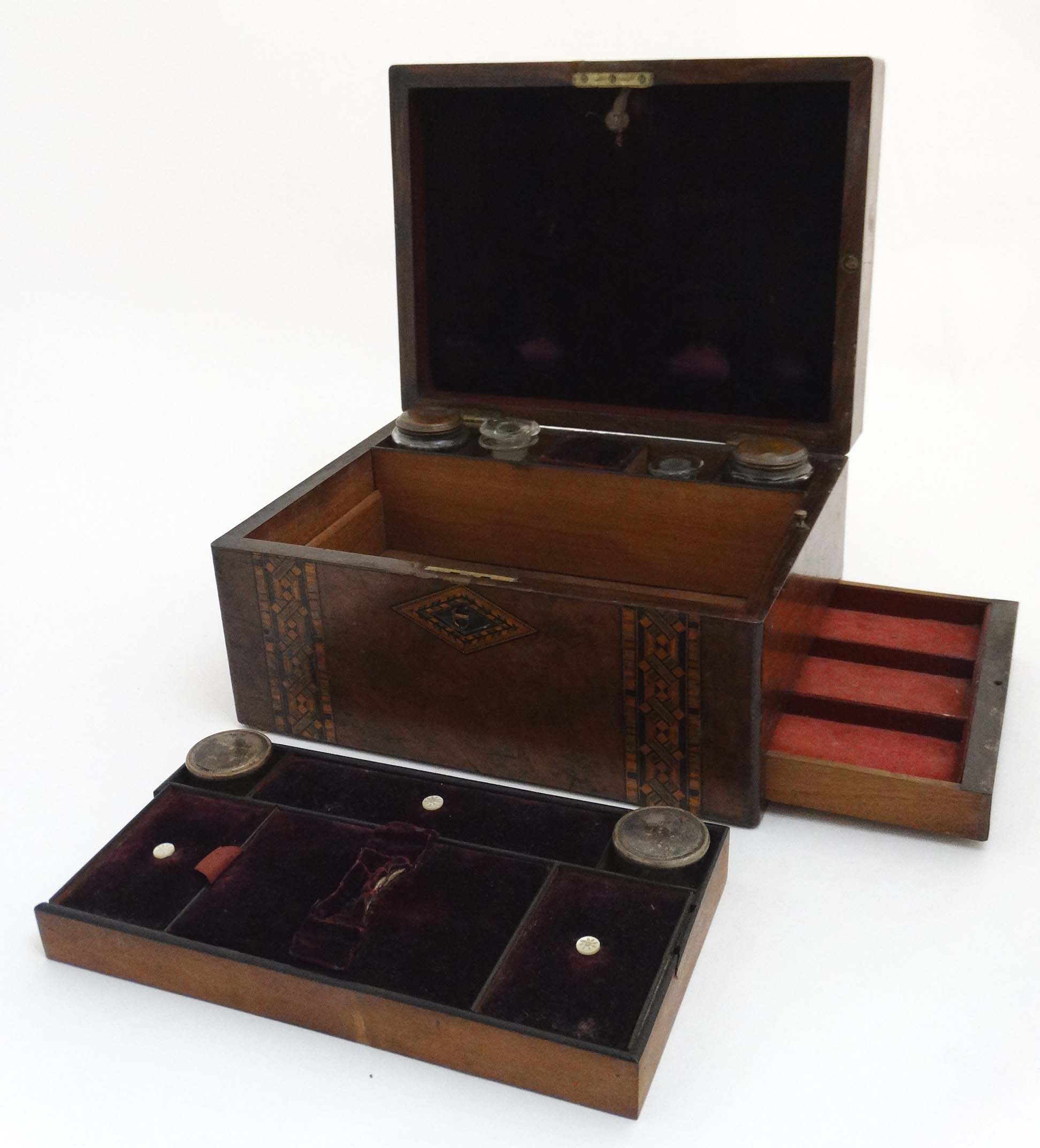 A mid - late 19thC inlaid banded walnut ladies travelling box with ...