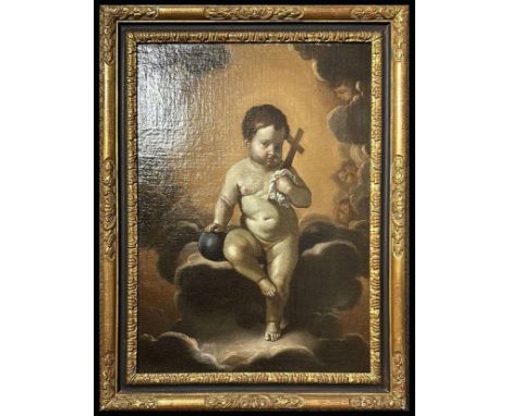 Attribution by Mattia Preti "Salvator Mundi" Italian painting from the 17th century depicting the figure of the baby Jesus as