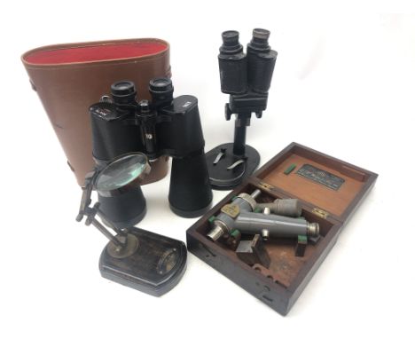 Pair King Double Coated 30 x 70 Binoculars, cased, reproduction magnifying glass on wooden base, Watts & Son ltd Surveyors in