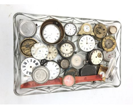 Tray of Assorted pocket watch movements, mostly with white enamel dials, some silver cases etc Condition Report Click here fo