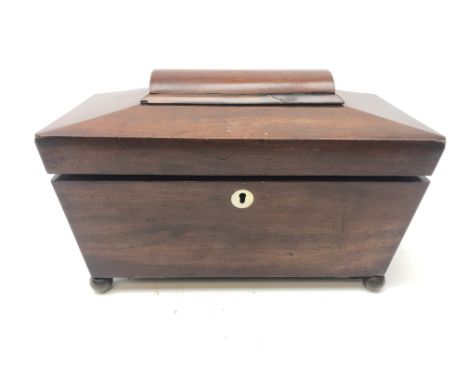 19th century mahogany sarcophagus form tea caddy on brass ball feet, L30cm  Condition Report Click here for further images, c