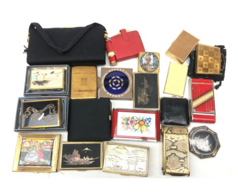 Collection of assorted vintage powder compacts including Musical compacts by Clover, Dandy-Mate, an Eastern silver compact wi