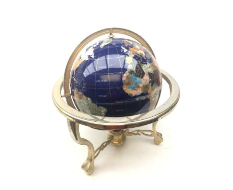 Polished stone inlaid terrestrial globe on brass finish stand, H51cm approx (a/f) Condition Report Click here for further ima