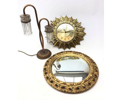 Seth Thomas sunburst clock, L44cm, gilt framed convex wall mirror and a two branch gilt metal table lamps with glass drops (3