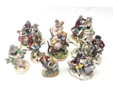 Collection of Continental glazed porcelain groups including Capodimonte, Sitzendorf and Salvador Mallol, one matt glazed (9) 