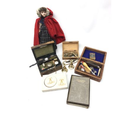 Victorian leather jewellery box containing a 19th centuries Ladies pocket watch, thimbles etc, brass matchbox holder marked s