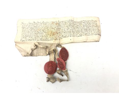 14th century manuscript indenture relating to Widdington, dated in pencil 1380 with three armorial wax seals, L33cm  Conditio