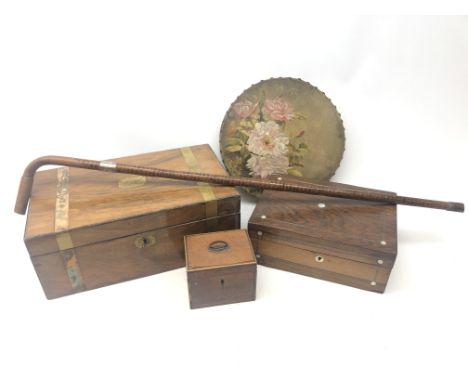 Vicotrian rosewood work box, Victorian mahogany writing box L40cm, tambourine painted with floral sprays, Victorian walking s