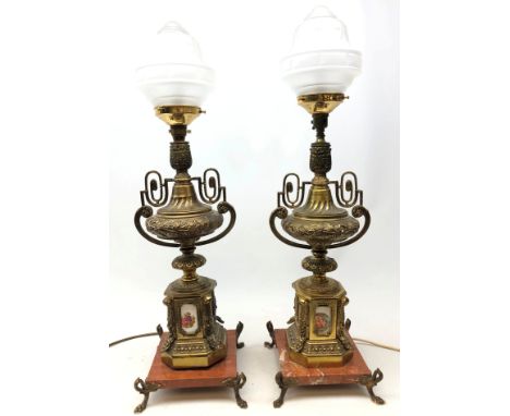 Pair French gilt metal and ceramic table lamps, each of two-handled urn form with ceramic printed panels depicting romantic s