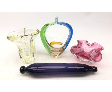 Victorian amethyst glass rolling pin, French glass vase and two art glass vases (4) Condition Report Click here for further i