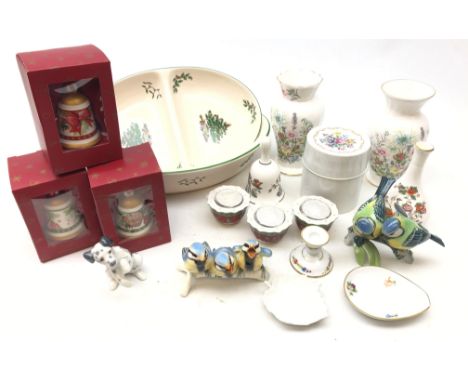 Spode 'Christmas Tree' oval serving dish and another, Lladro Dalmatian, Kaiser and Goebel porcelain Bird groups, three Viller