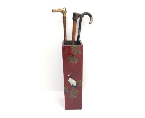 Victorian ebonised walking stick with silver mounts, horn handled walking stick and one other with a modern Chinese Lacquer s