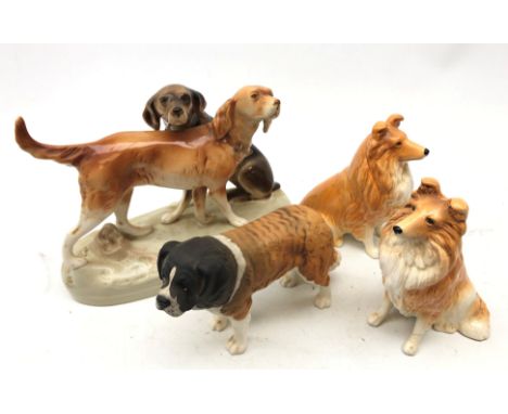 Royal Dux group of two hunting dogs, Beswick matt glazed St Bernard 'Corna Garth Stroller' and two Sylvac Seated Collies (4) 